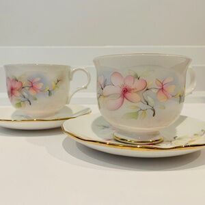 Set of Two Sadler Wellington Tea Cups. Delicate Pink and Cream Flower Decoration